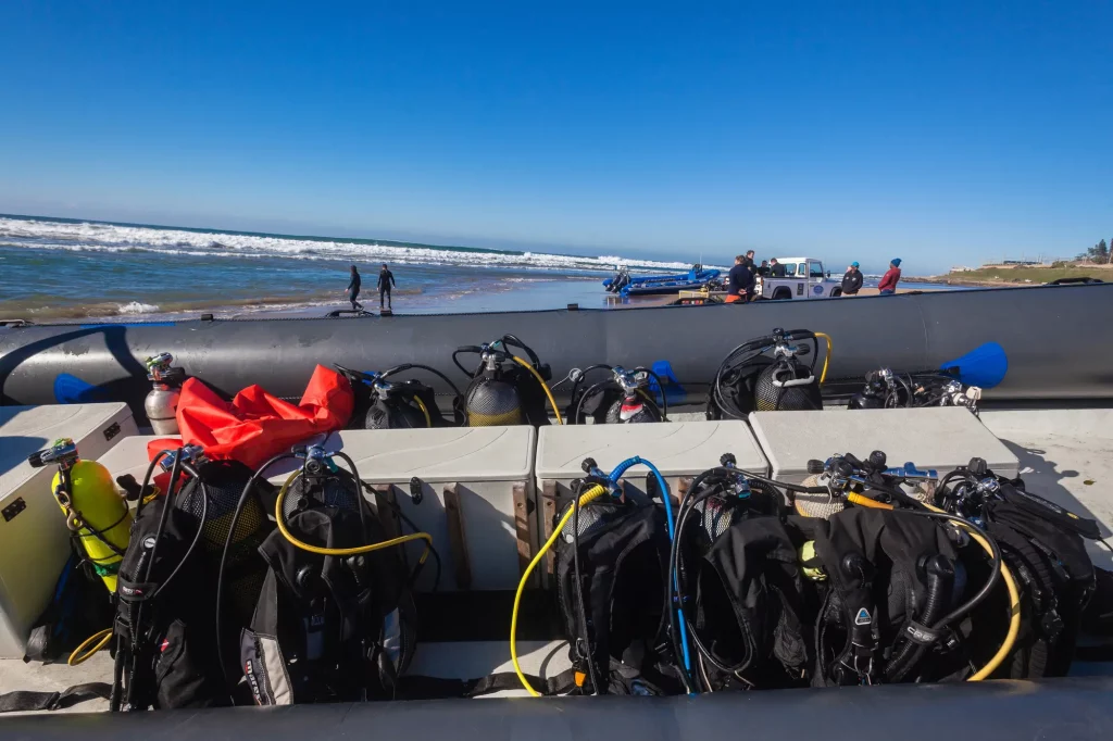 Dive boat with tanks and dive gear